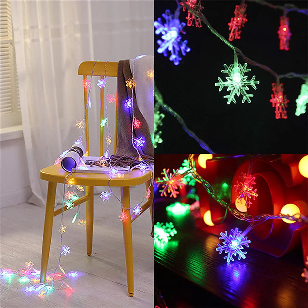 Multicolor snowflake string lights on a chair, with close-ups