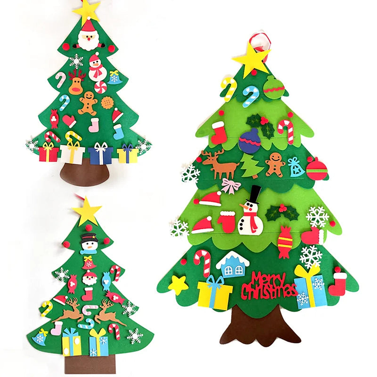 Three decorated felt Christmas tree designs