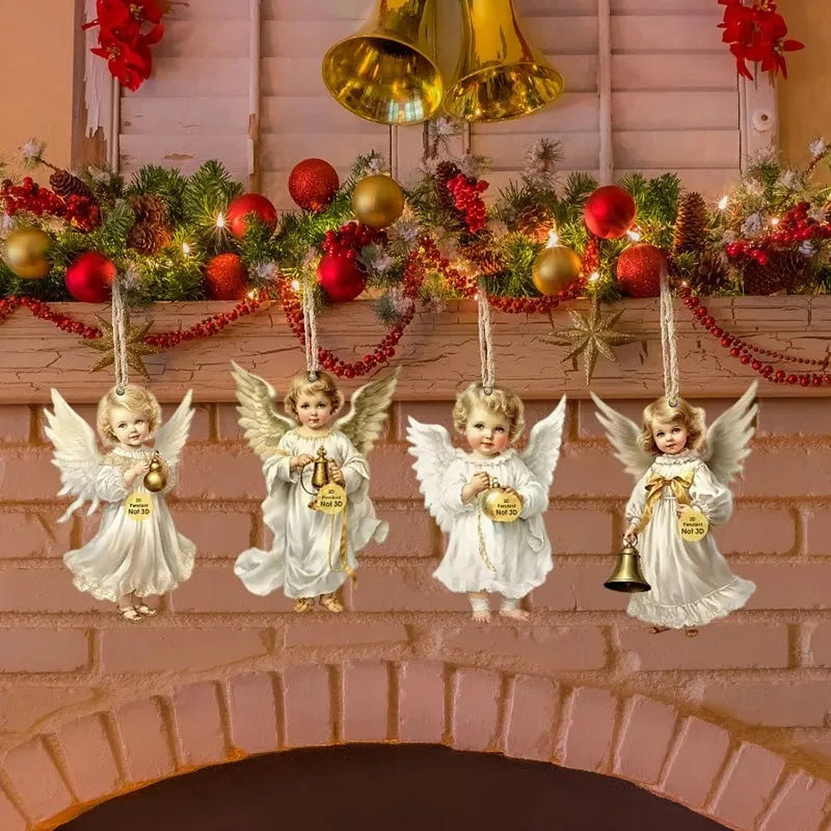 Four wooden angel ornaments hanging from a festive mantel