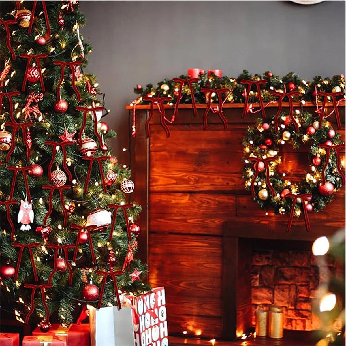 Christmas tree and fireplace decorated with burgundy velvet bows