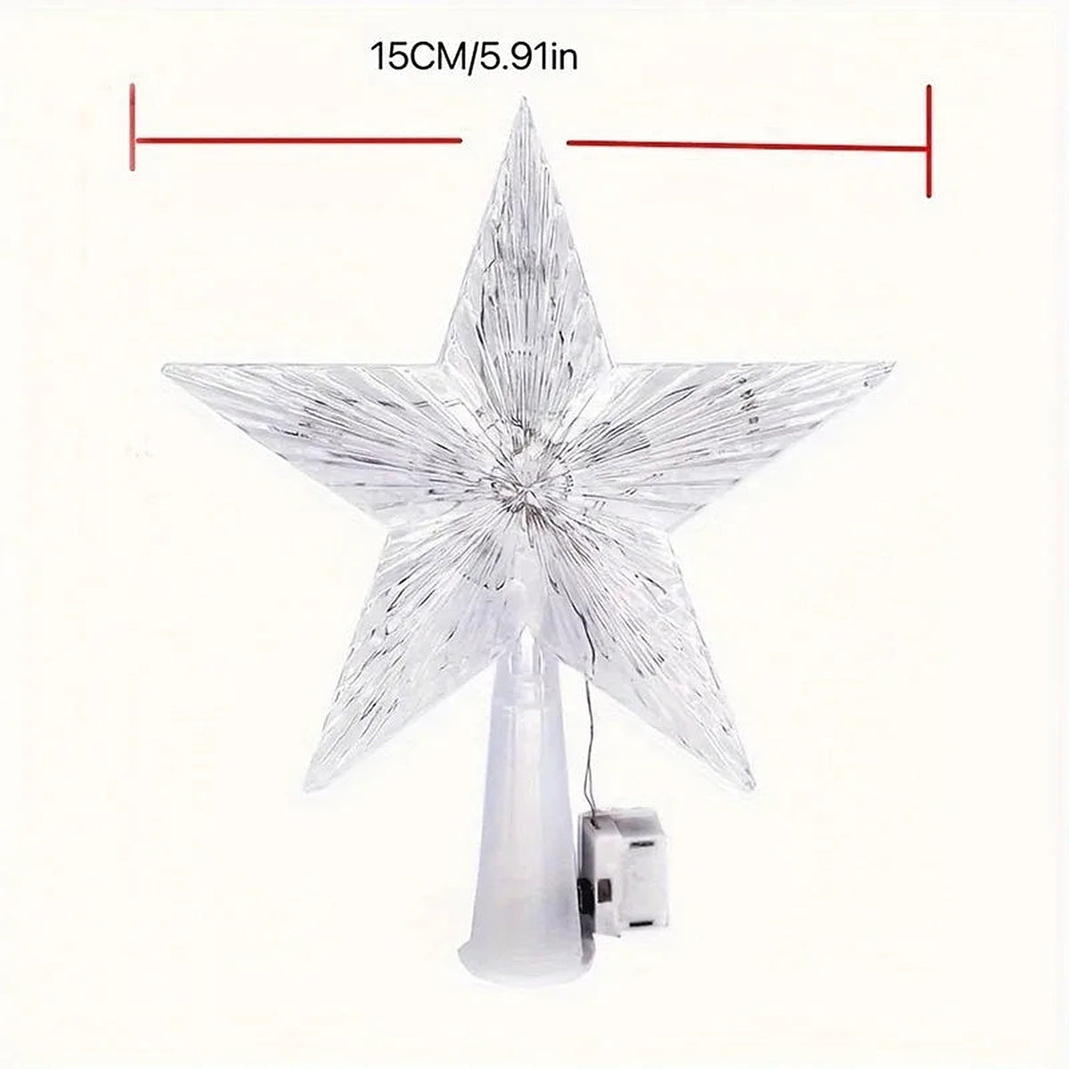 Clear star tree topper, 15 cm wide, with battery box