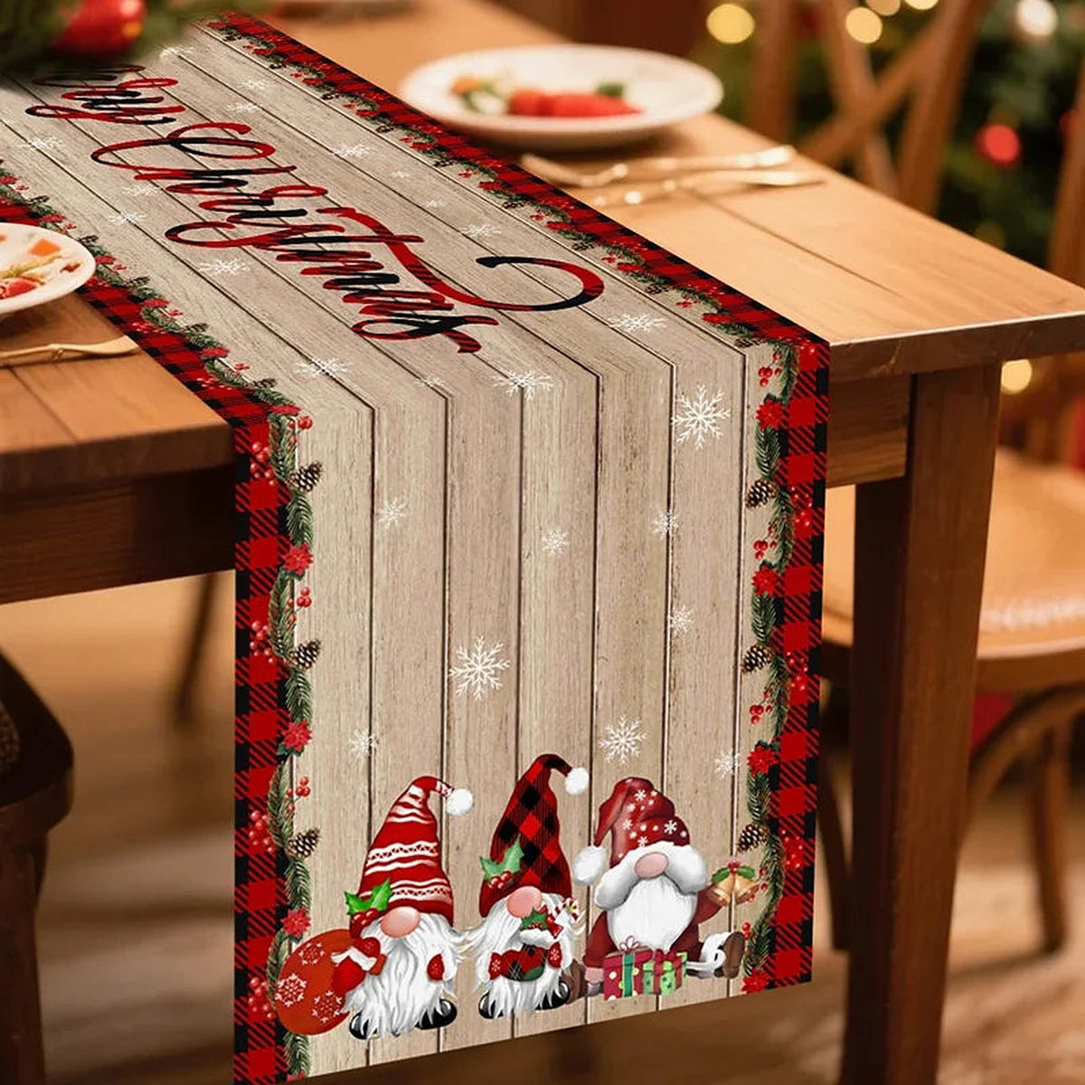 Beige wood-look gnome table runner