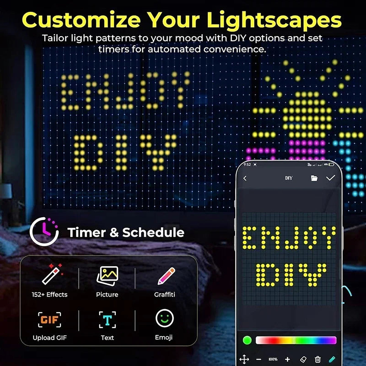 App screen showing DIY text and effects on the curtain lights
