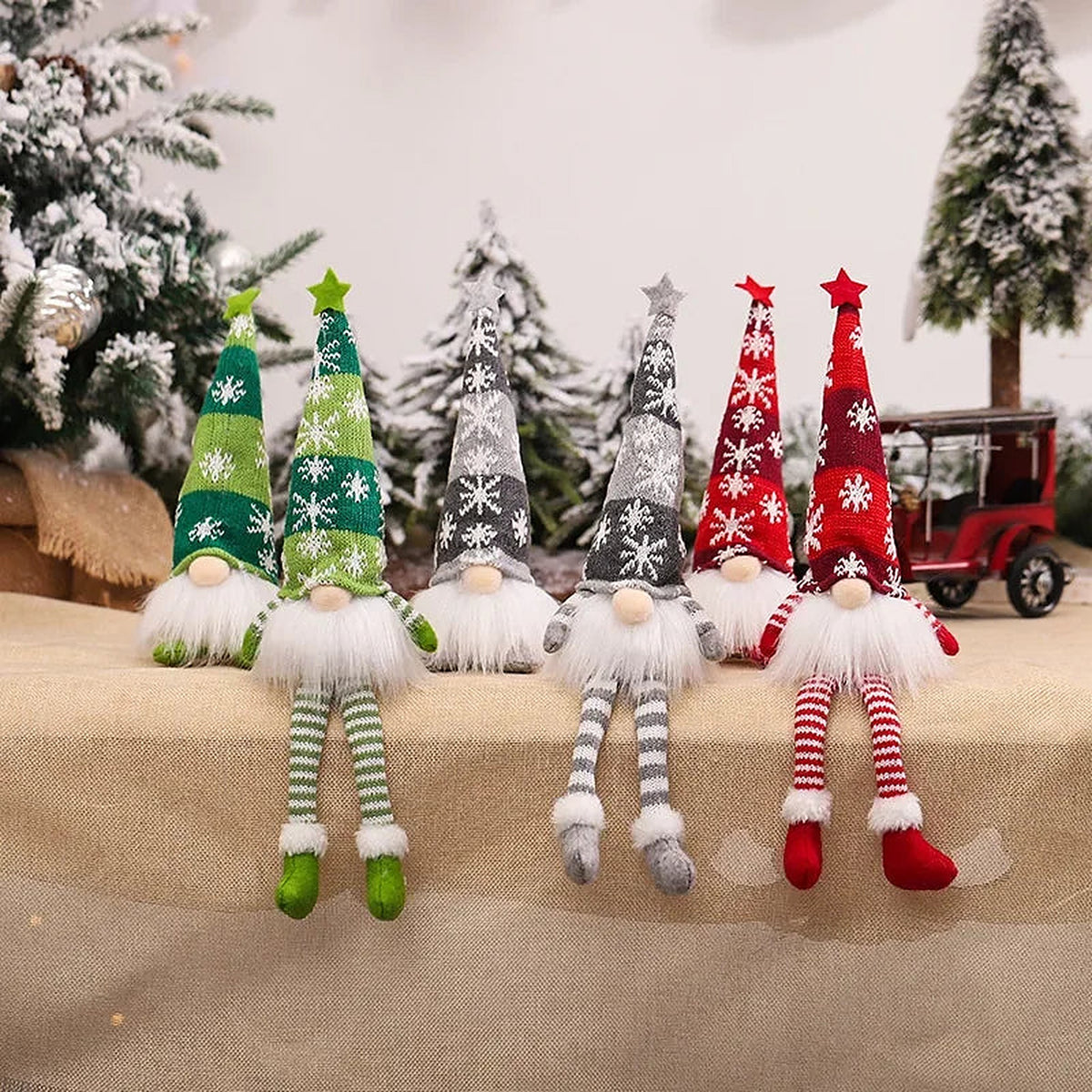 Six long-legged gnomes in green, grey and red