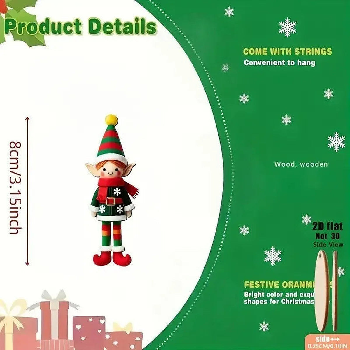 Wooden elf ornament size: about 8 cm (3.15 in) tall, flat 2D wood