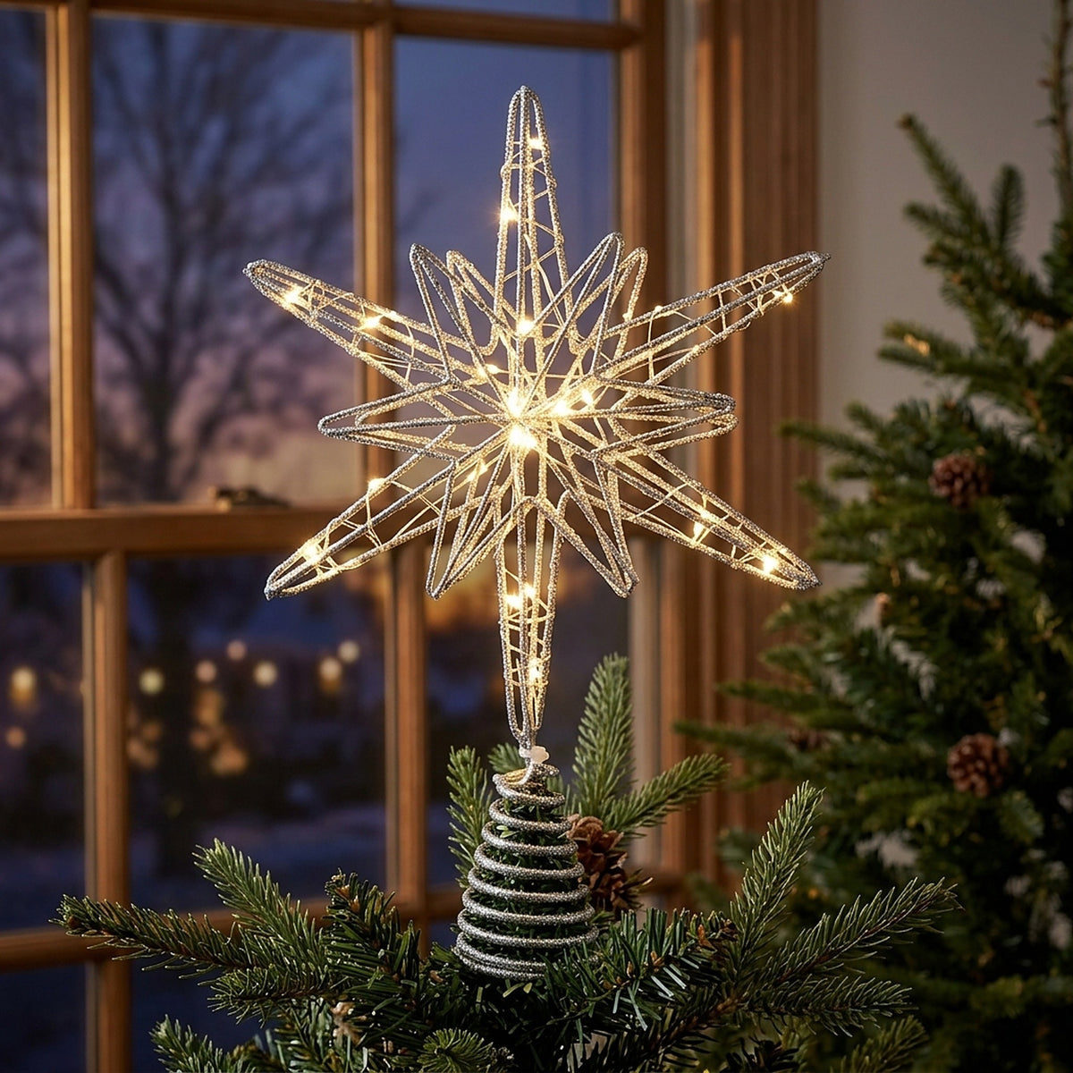 Gold light-up 8-point star topper on a Christmas tree