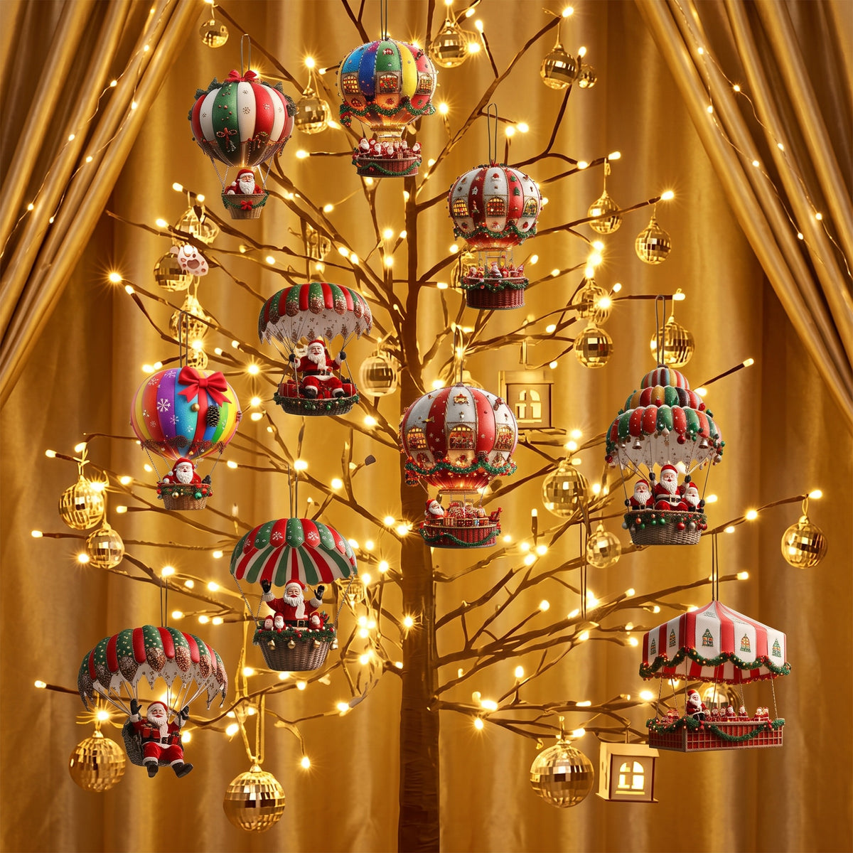 Wooden hot air balloon ornaments on a lit tabletop tree