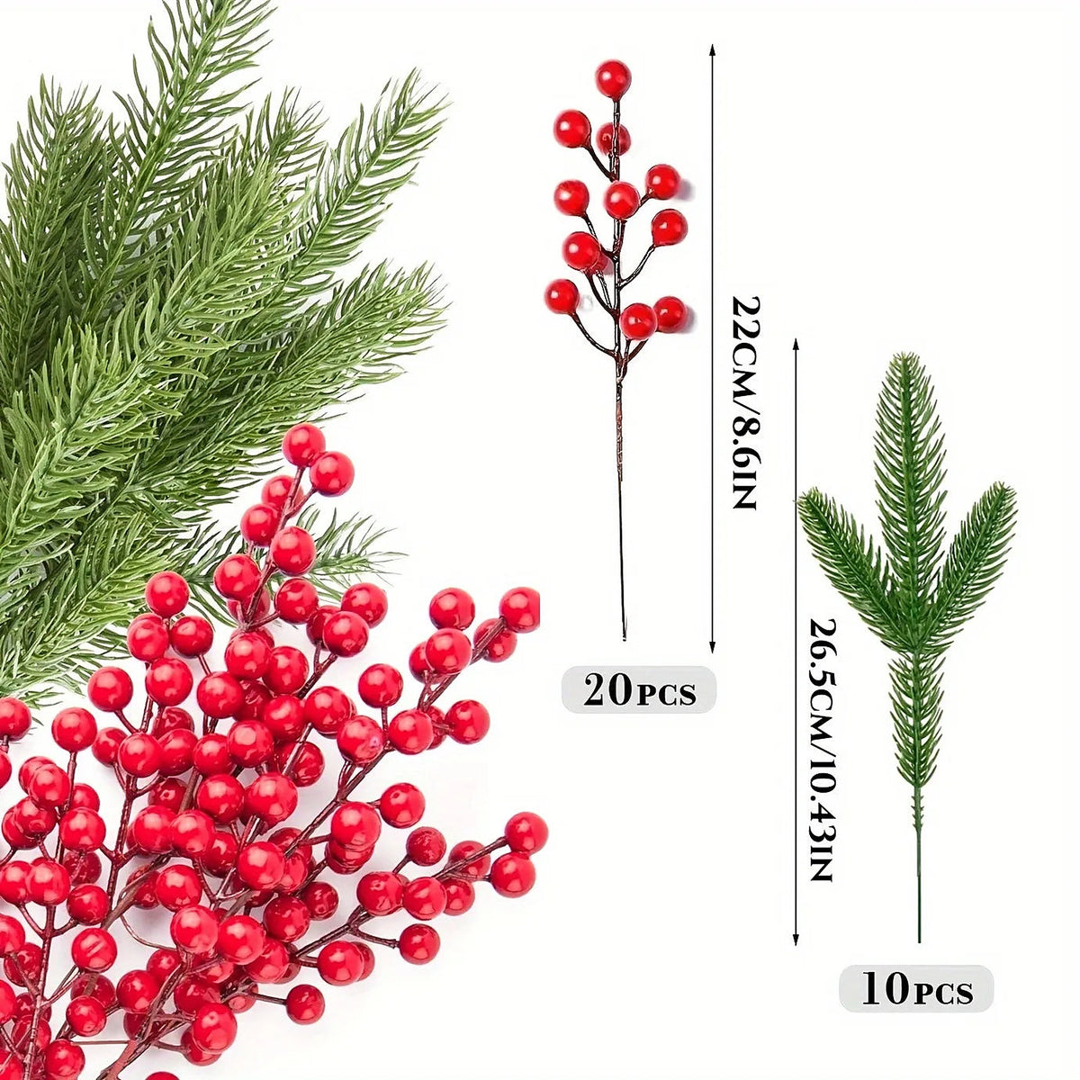Size guide: red berry pick 22 cm (8.6 in) and pine pick 26.5 cm (10.4 in)