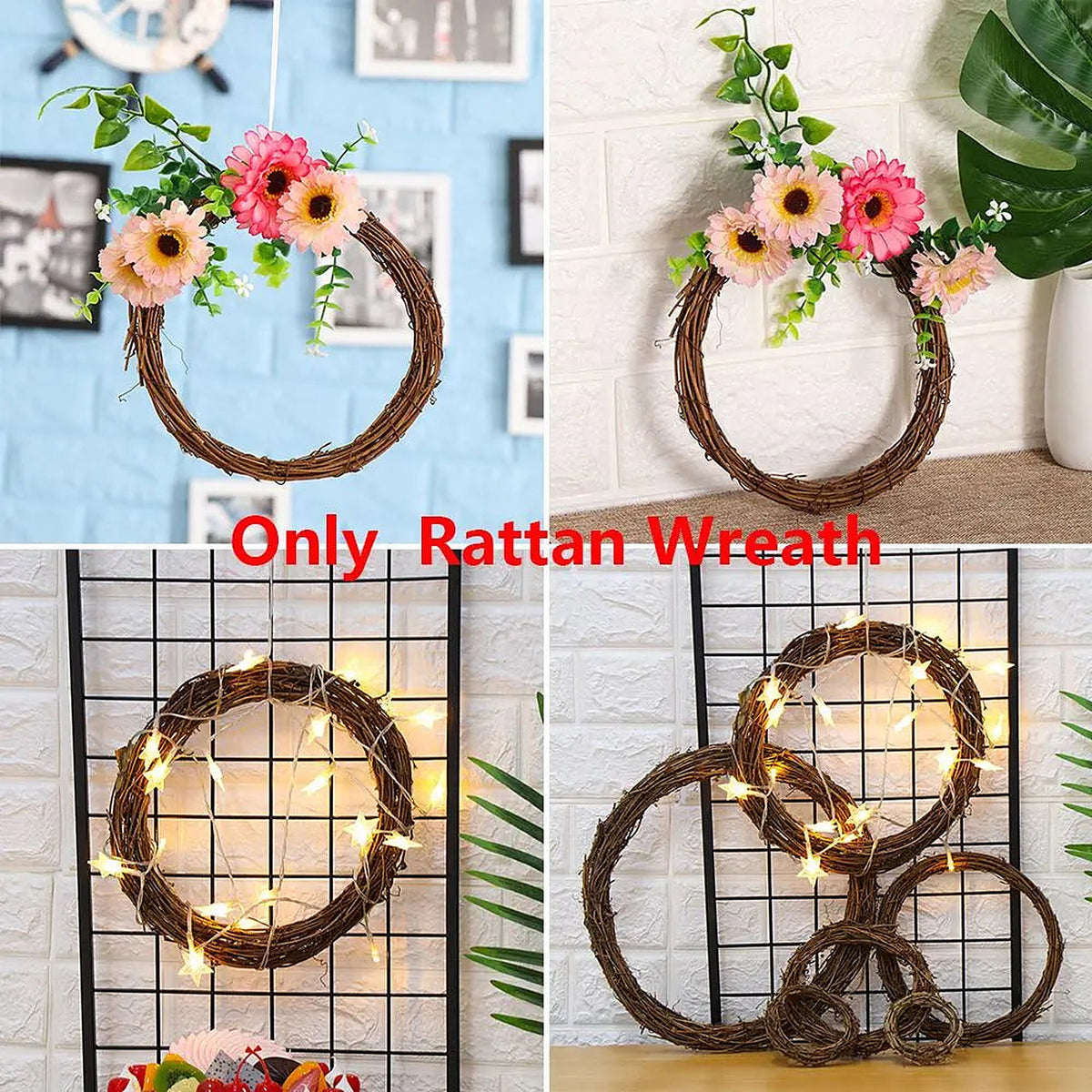 Decorated rattan wreath examples; wreath sold undecorated