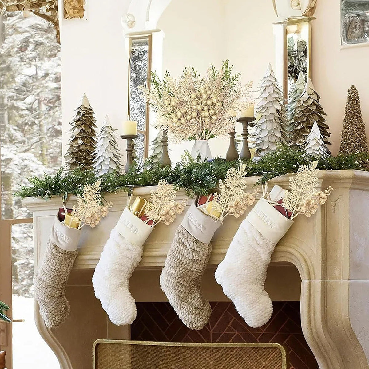 Glitter picks styled on a mantel above white knit stockings