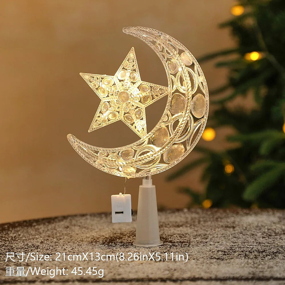 Moon-and-star LED tree topper, warm white
