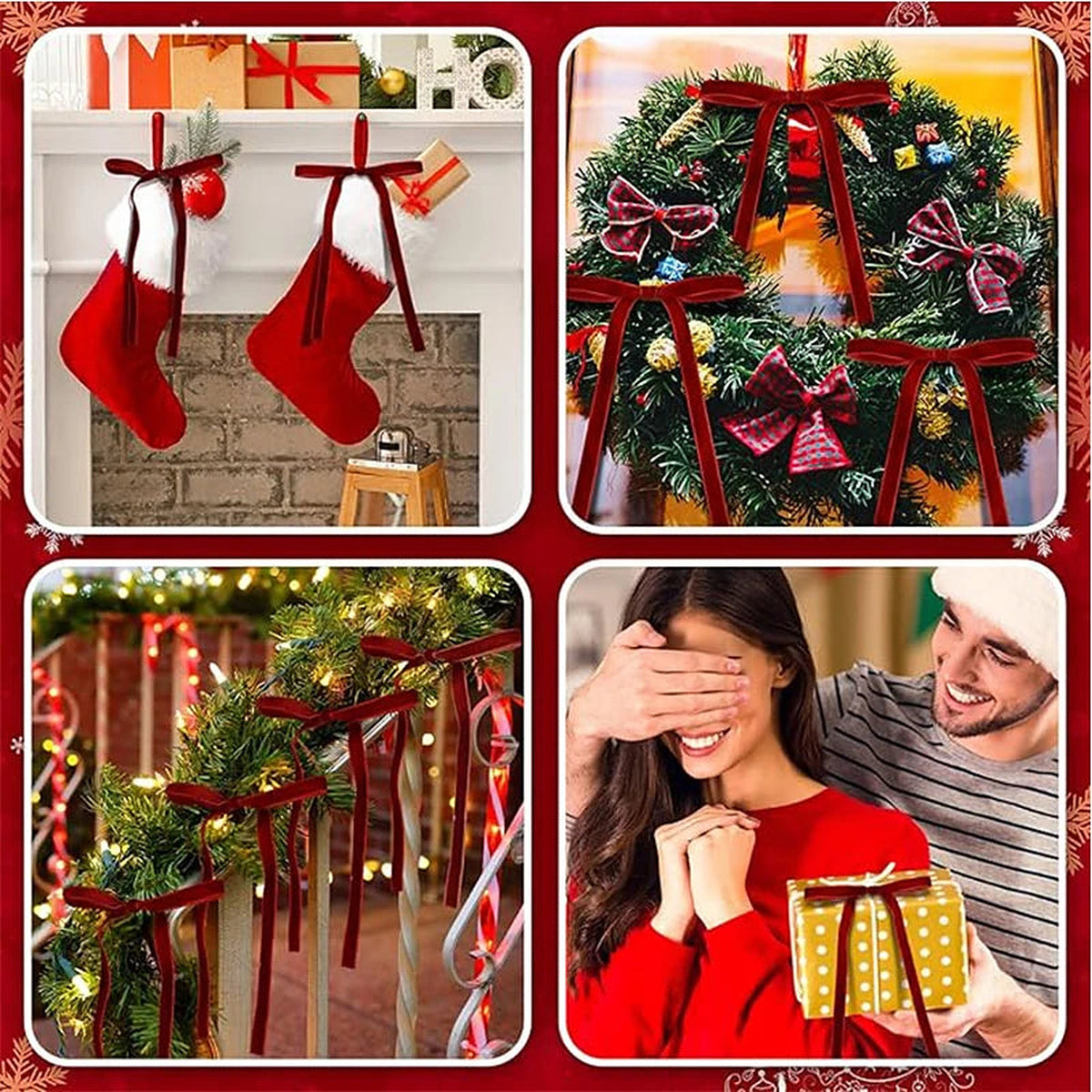 Velvet bows on stockings, a wreath, a stair garland and a gift