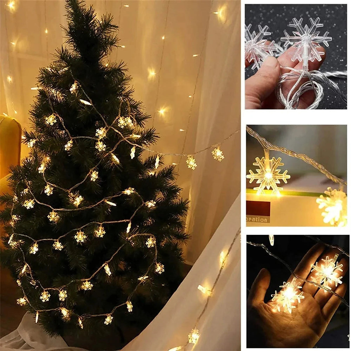 Snowflake string lights on a Christmas tree, with close-ups of the LEDs