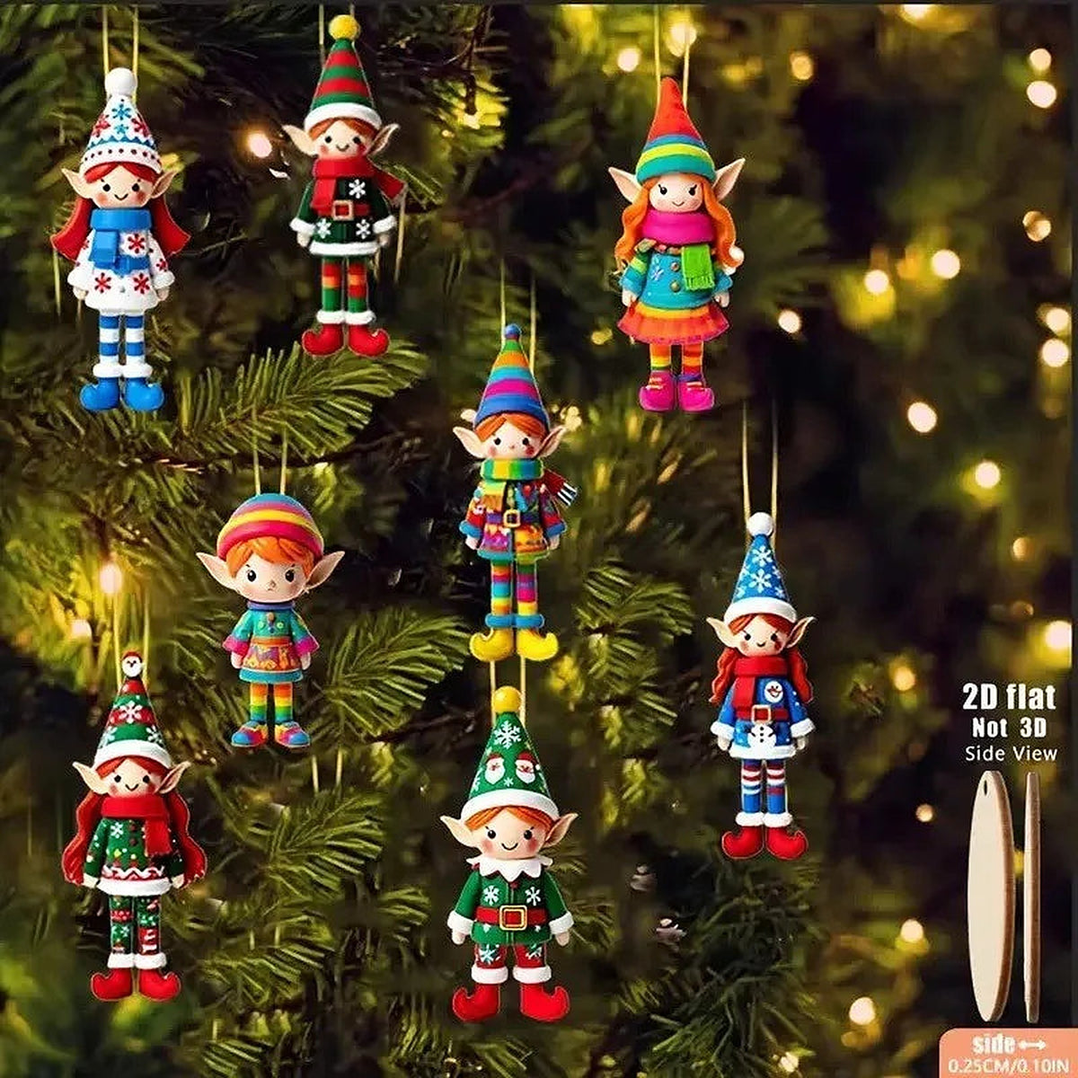 Eight wooden elf ornament designs on a lit Christmas tree