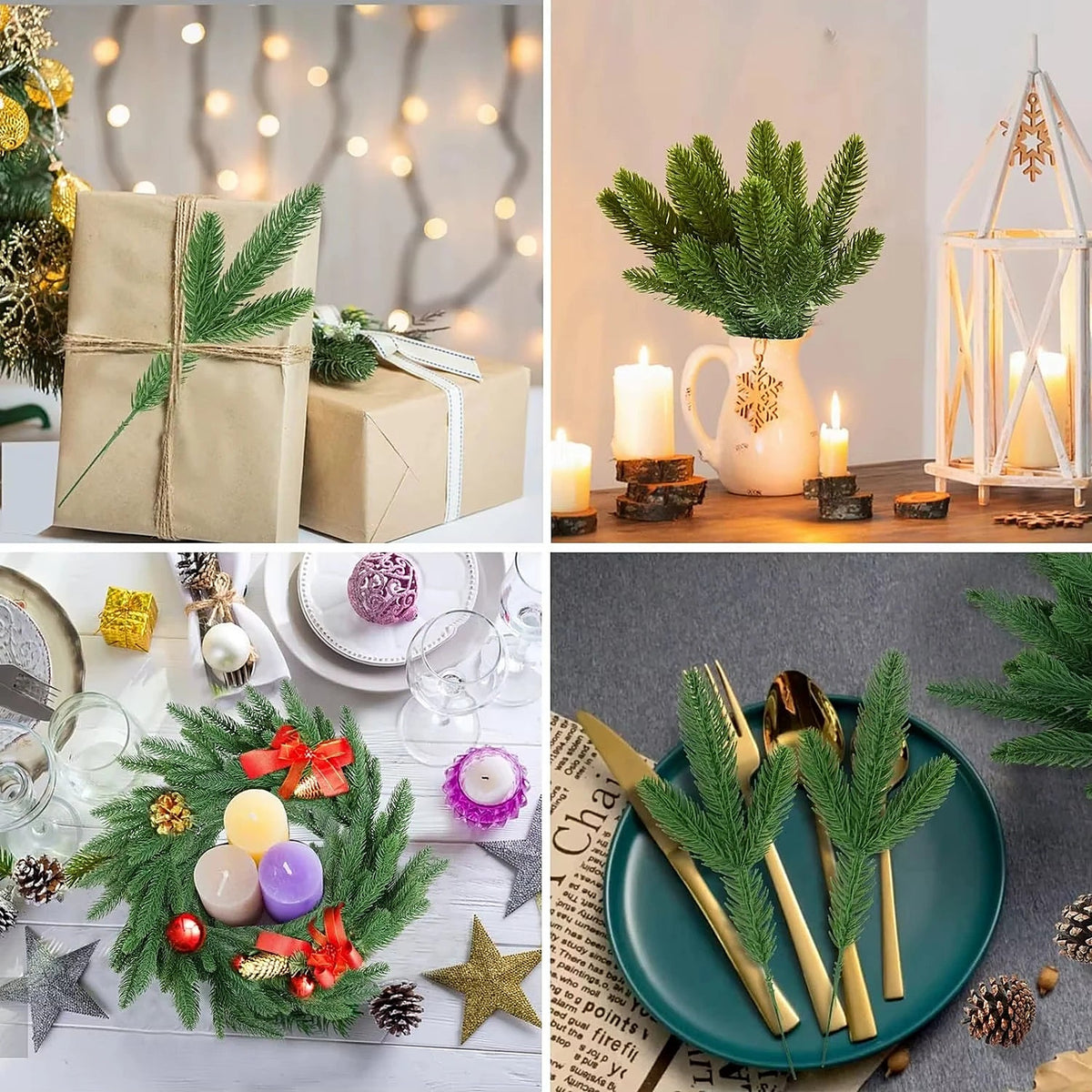 Norfolk pine picks used on gifts, in a vase and on a table setting