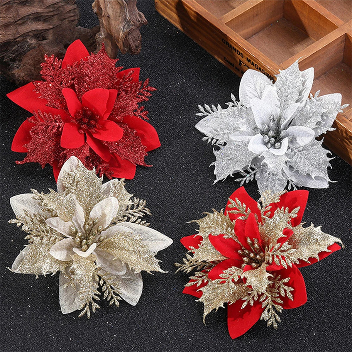 Red, silver, champagne and red-and-gold glitter poinsettias