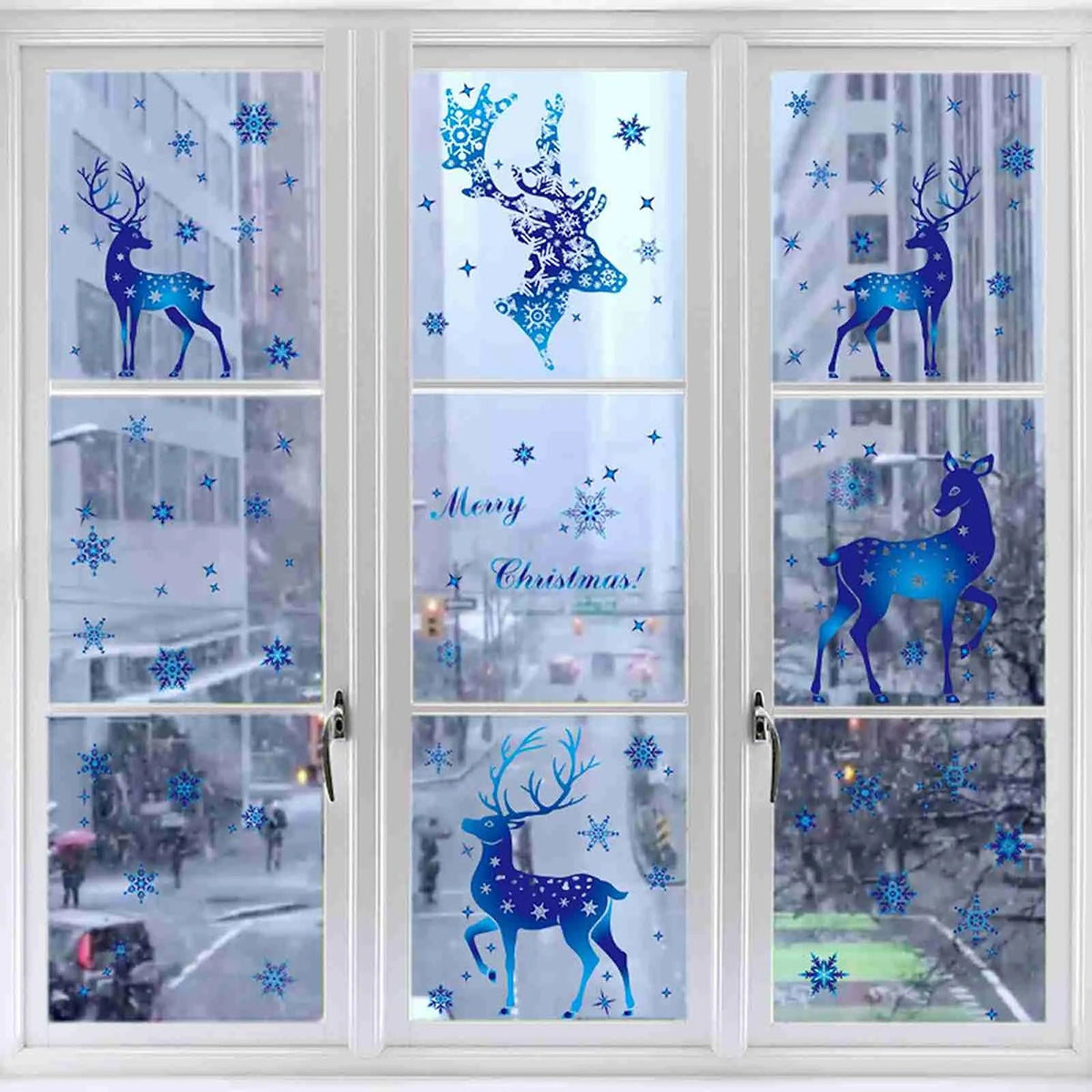Reindeer and snowflake window clings across a glass door