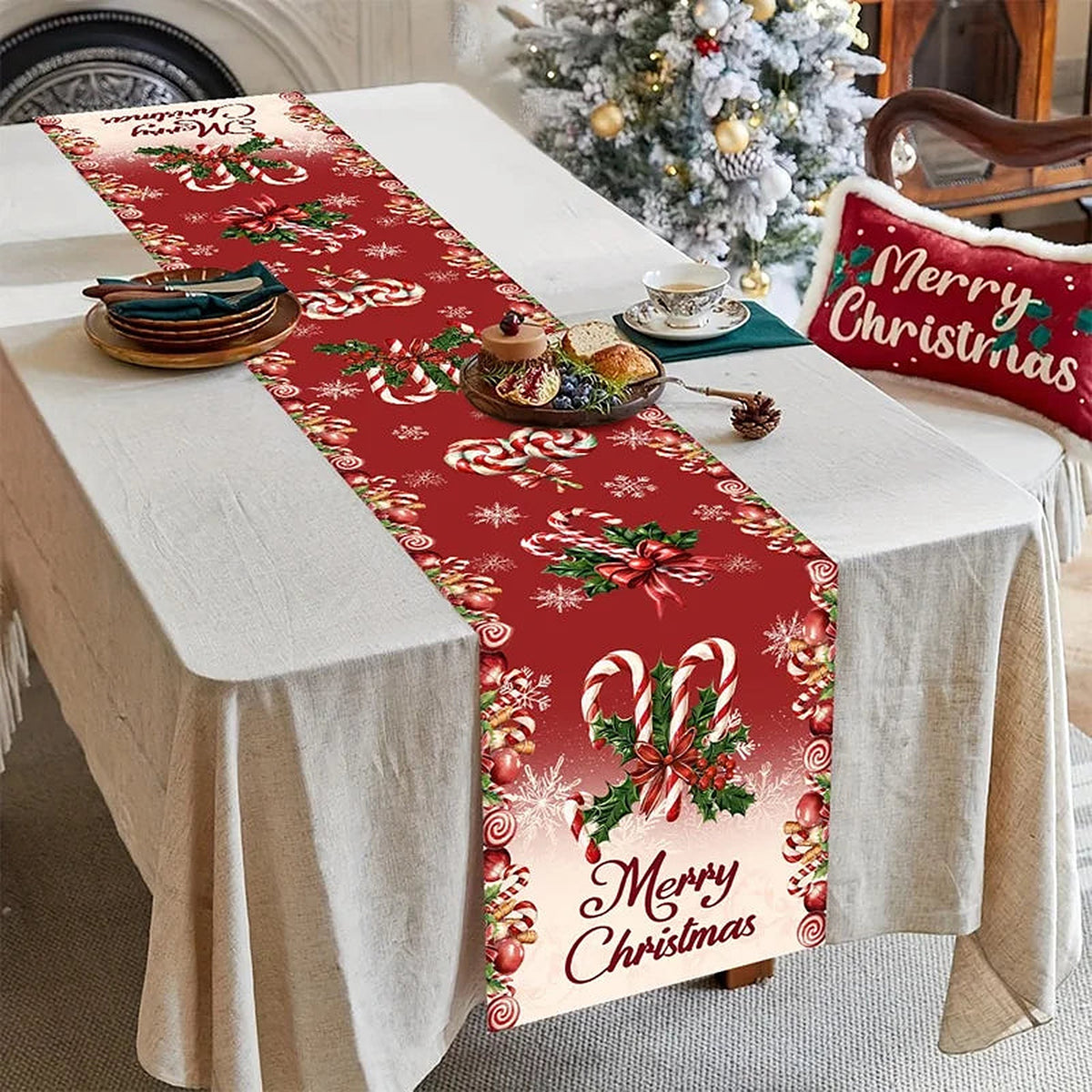 Red candy cane Merry Christmas table runner