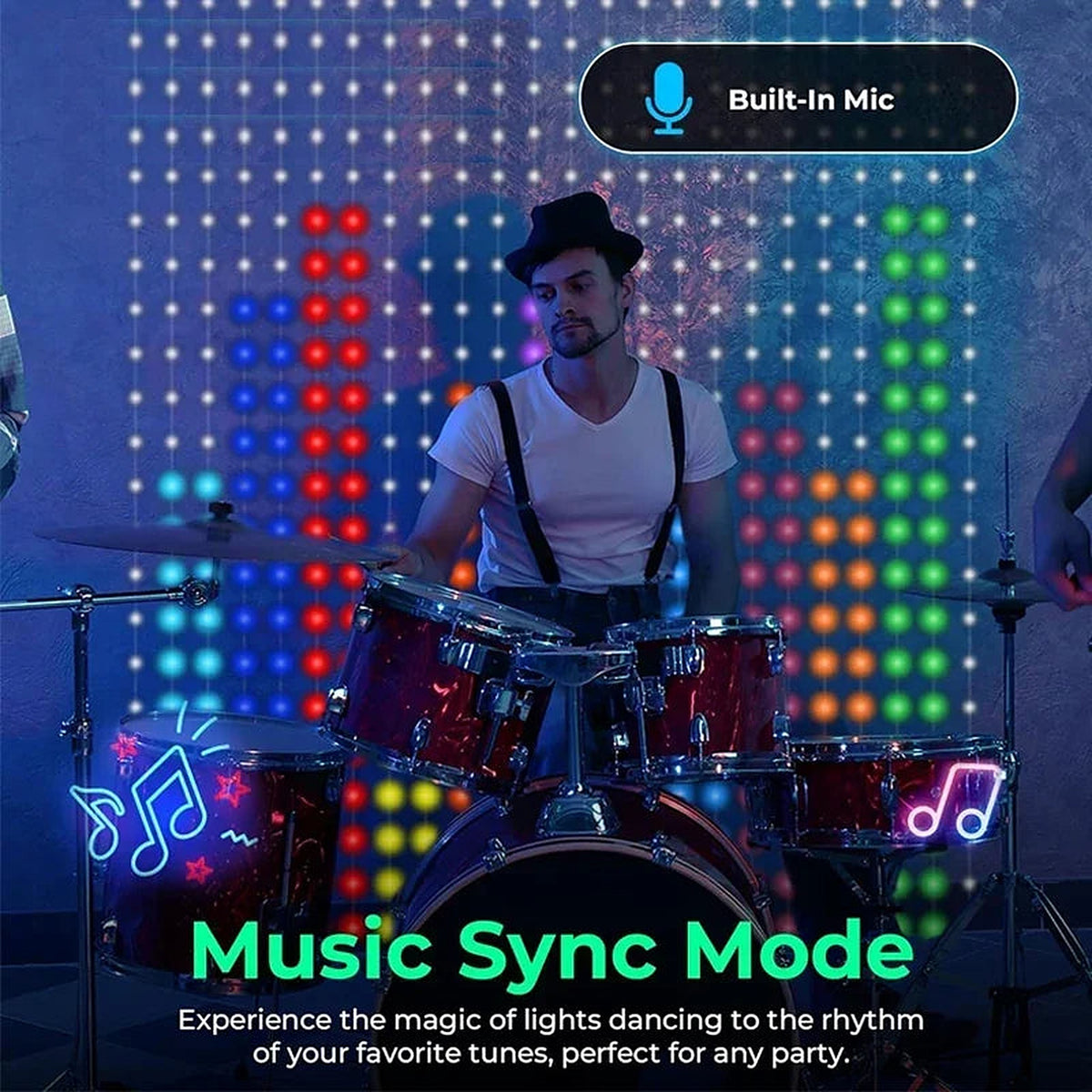 Curtain lights syncing to music with a drummer