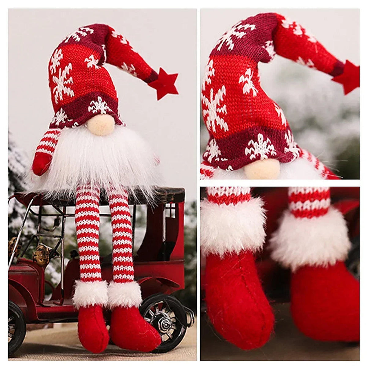 Close-up of a red knitted gnome's snowflake hat and striped legs