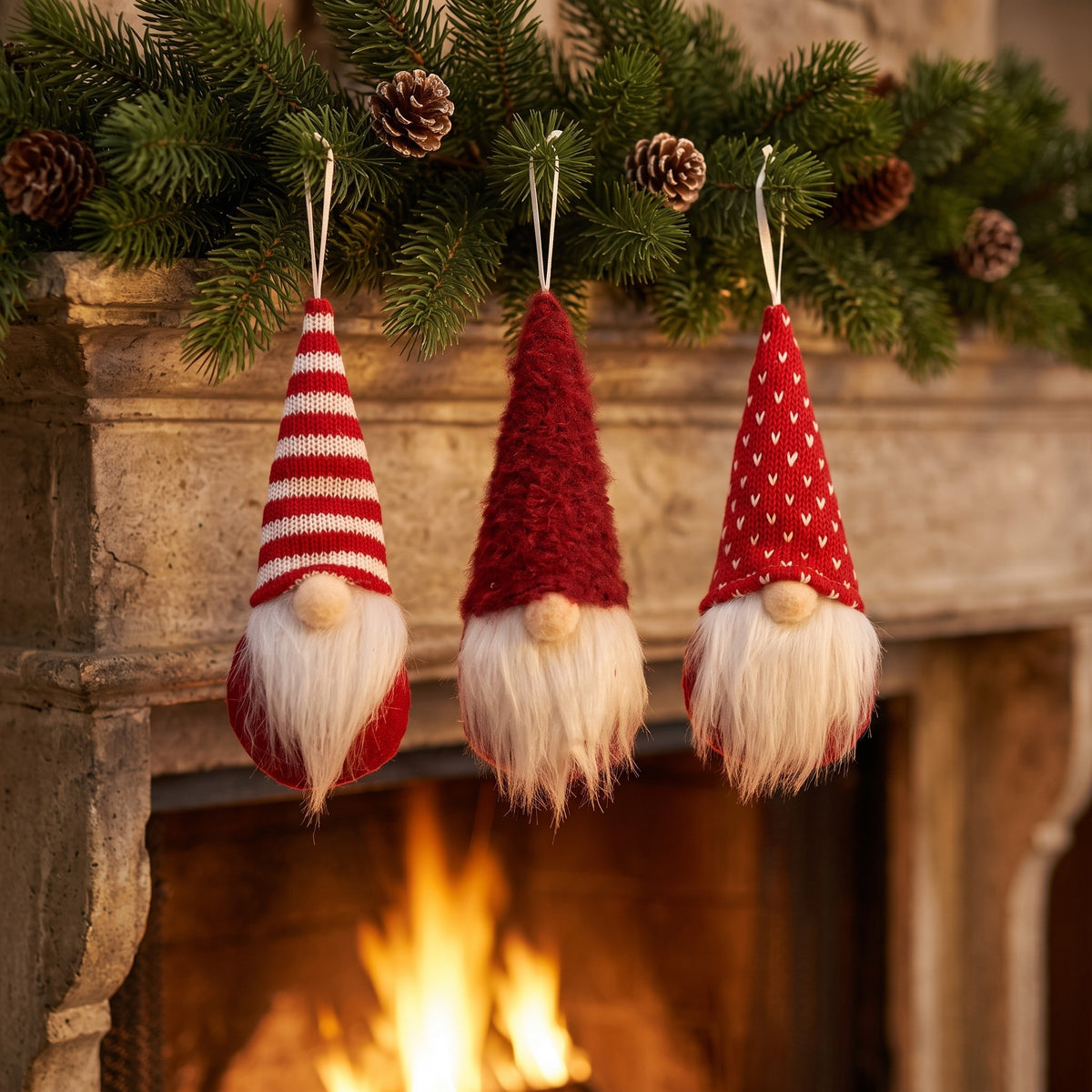 Three red plush gnome ornaments hanging above a fireplace