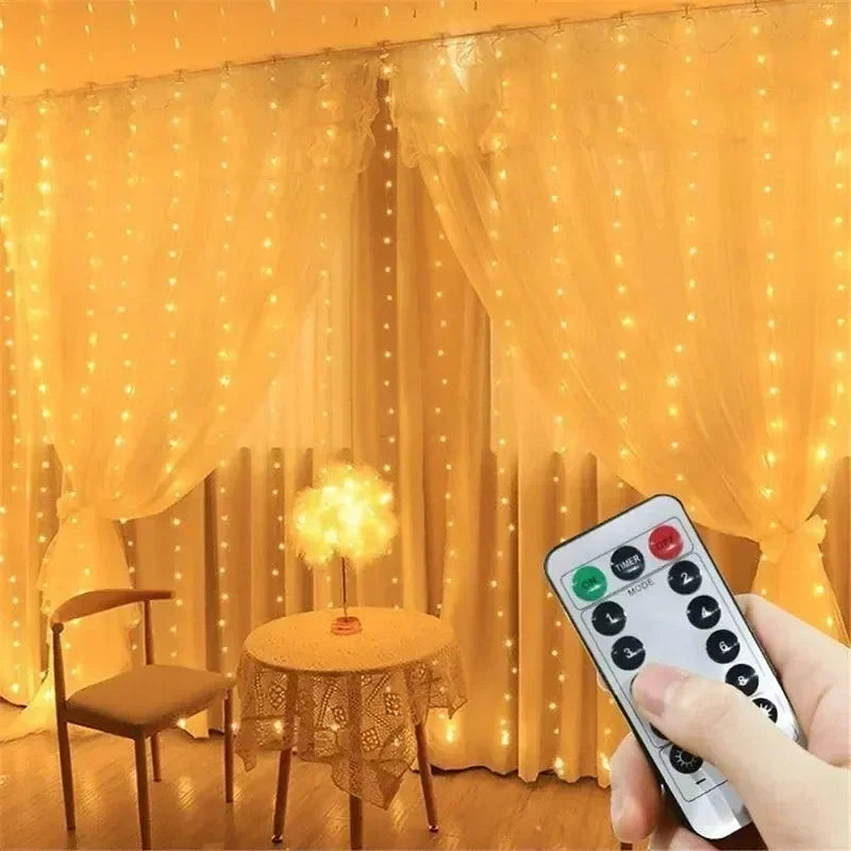Warm white LED curtain lights over sheer curtains