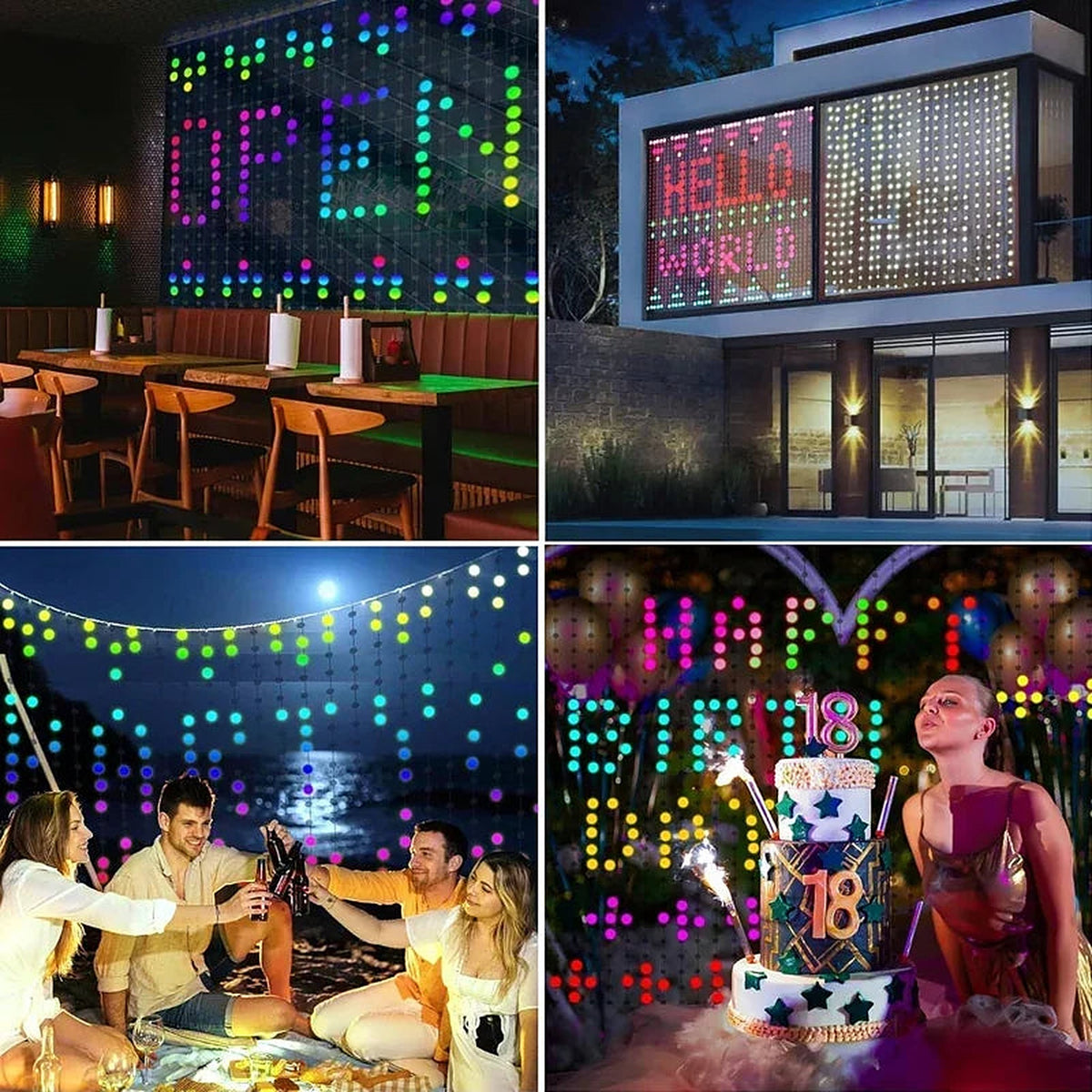 Curtain lights showing OPEN, HELLO WORLD and party text
