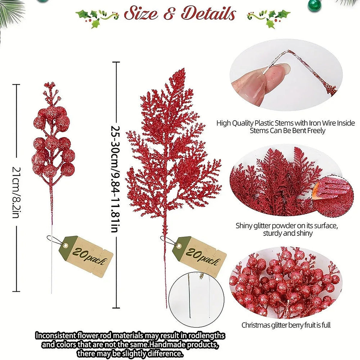 Size guide: glitter berry pick about 21 cm long with bendable wire stems