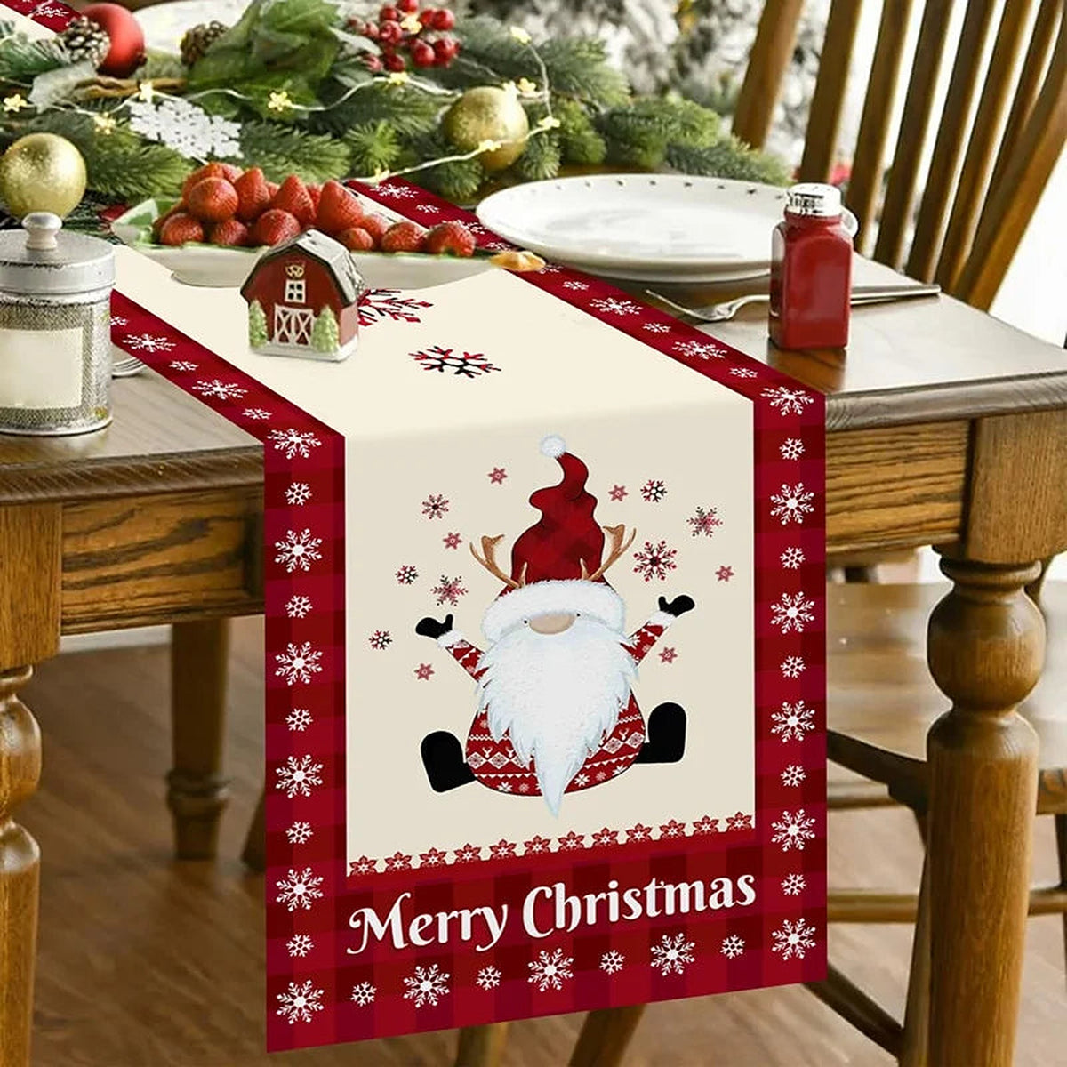 Cream gnome Merry Christmas table runner