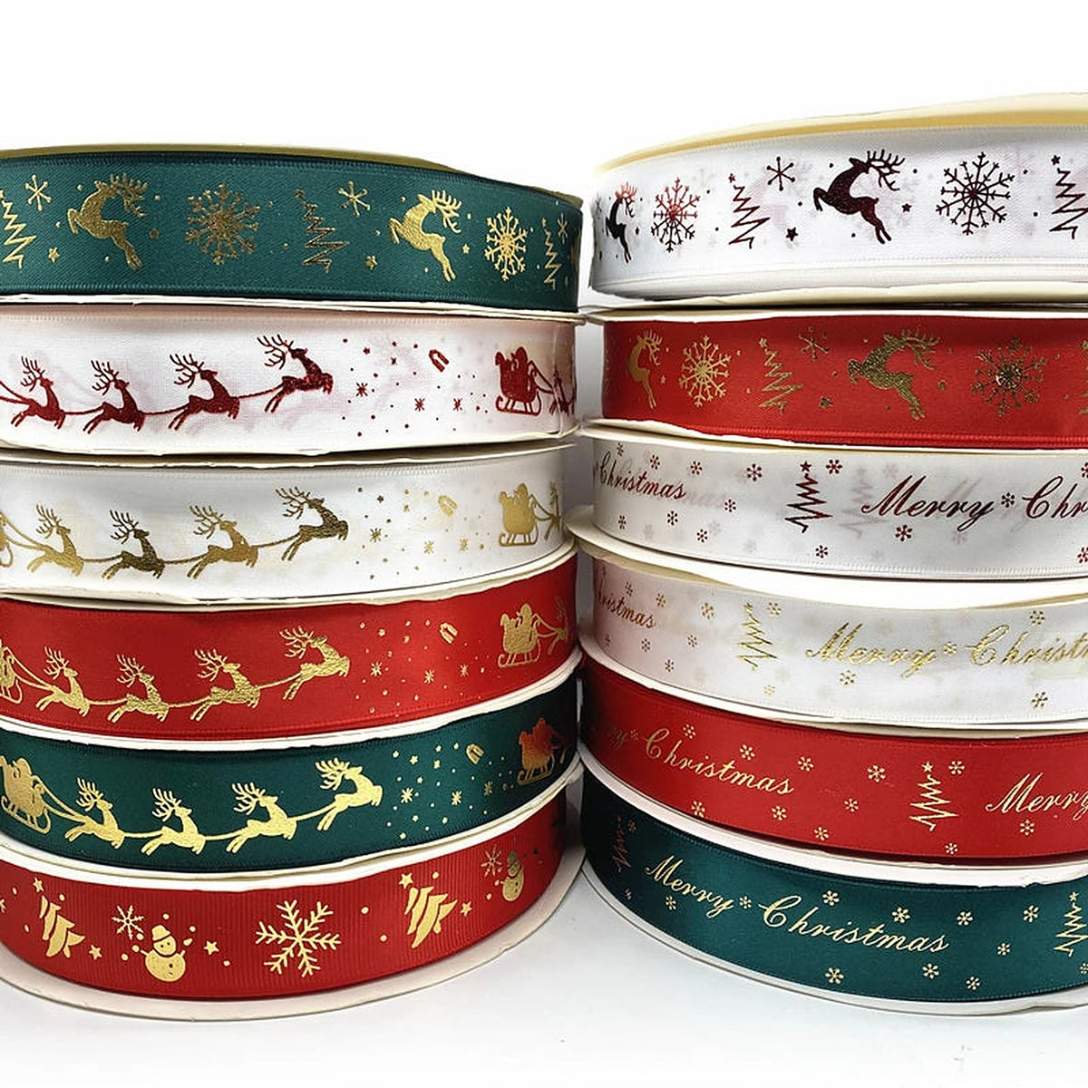 Red, white and green Christmas ribbon rolls with gold prints