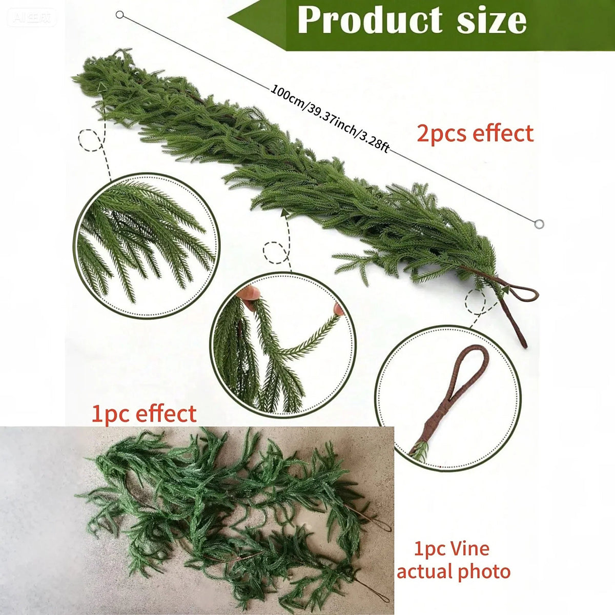 Norfolk pine garland size: 100 cm, with branch, wire and loop details