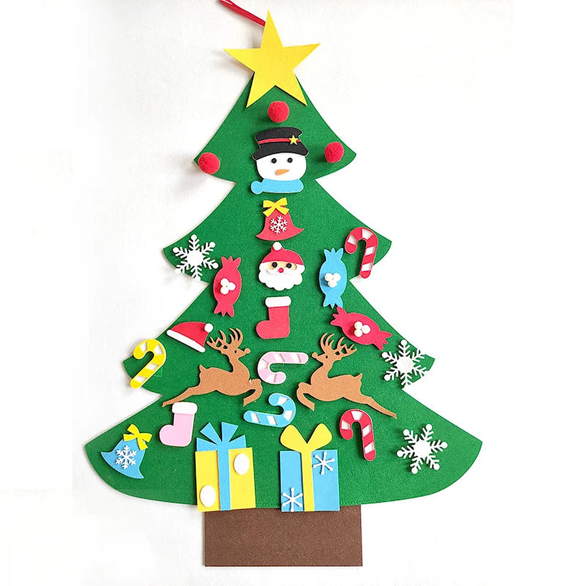 Simple felt Christmas tree with reindeer and gift ornaments