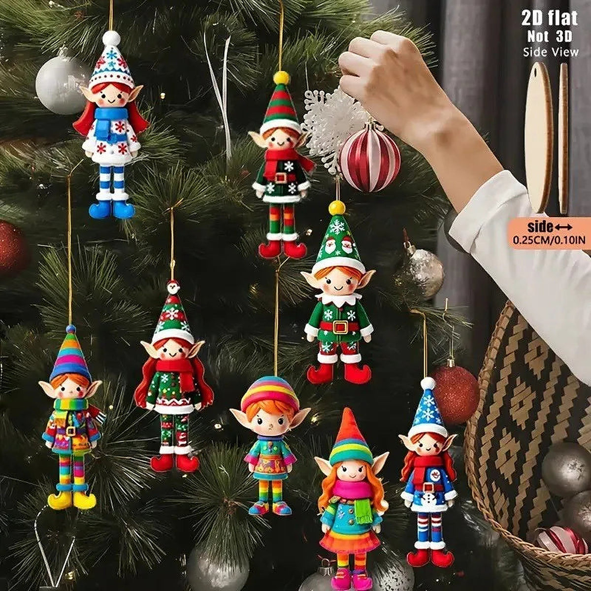 Hand hanging colorful wooden elf ornaments on a tree