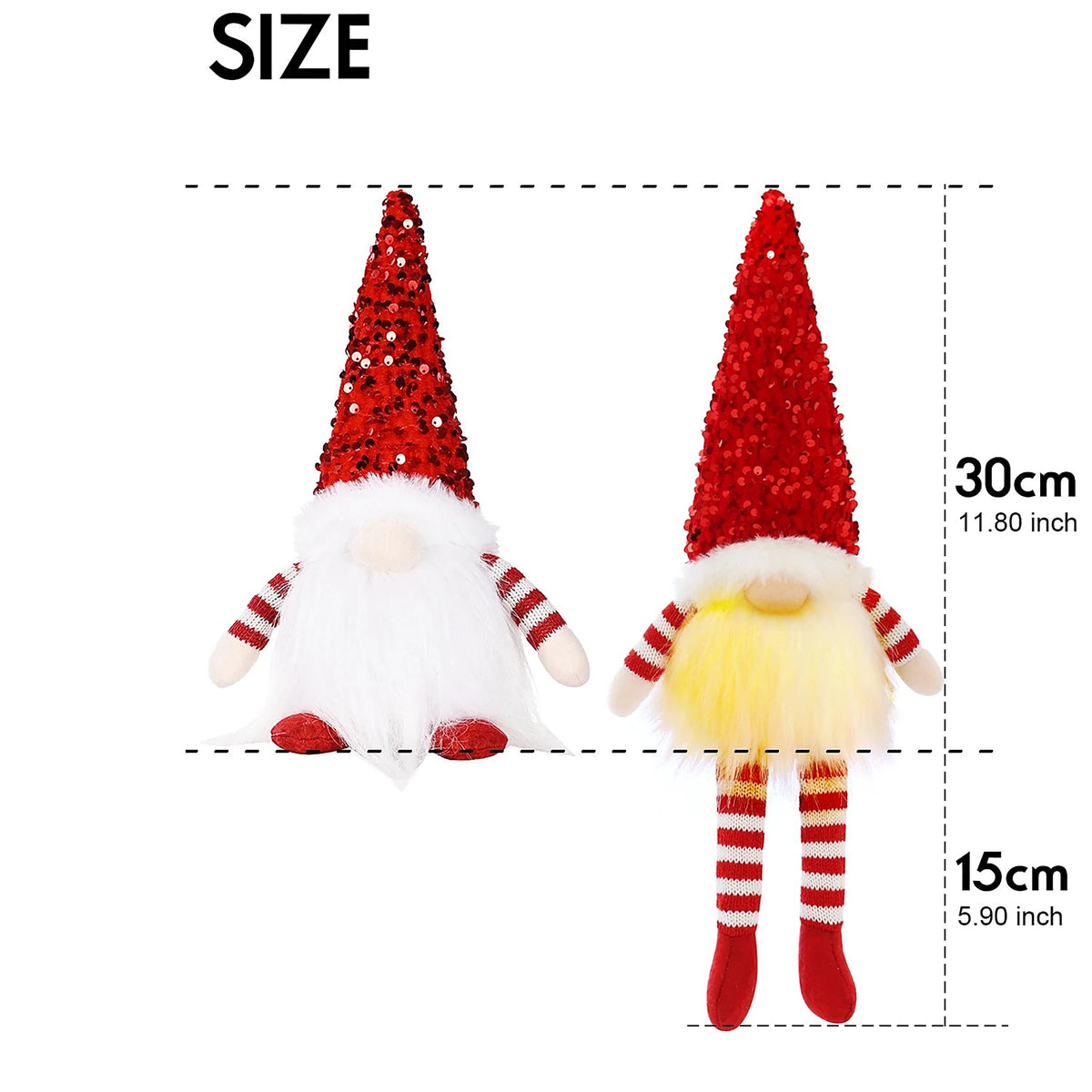 Light-up gnome size chart: 30 cm body and 15 cm legs