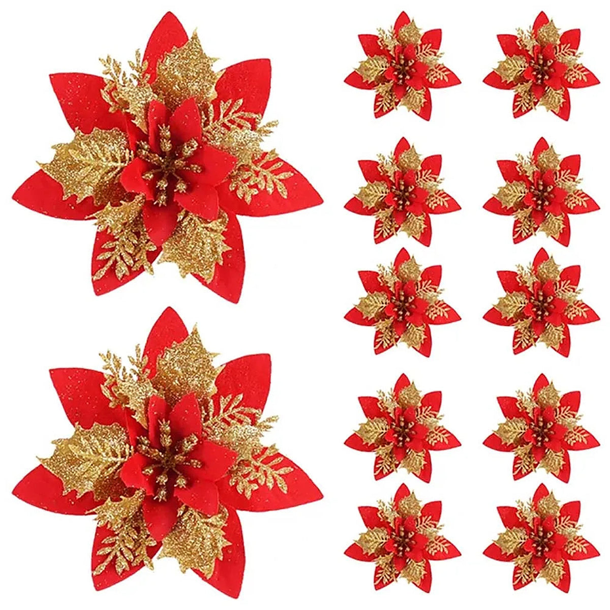 Red and gold glitter poinsettia flowers