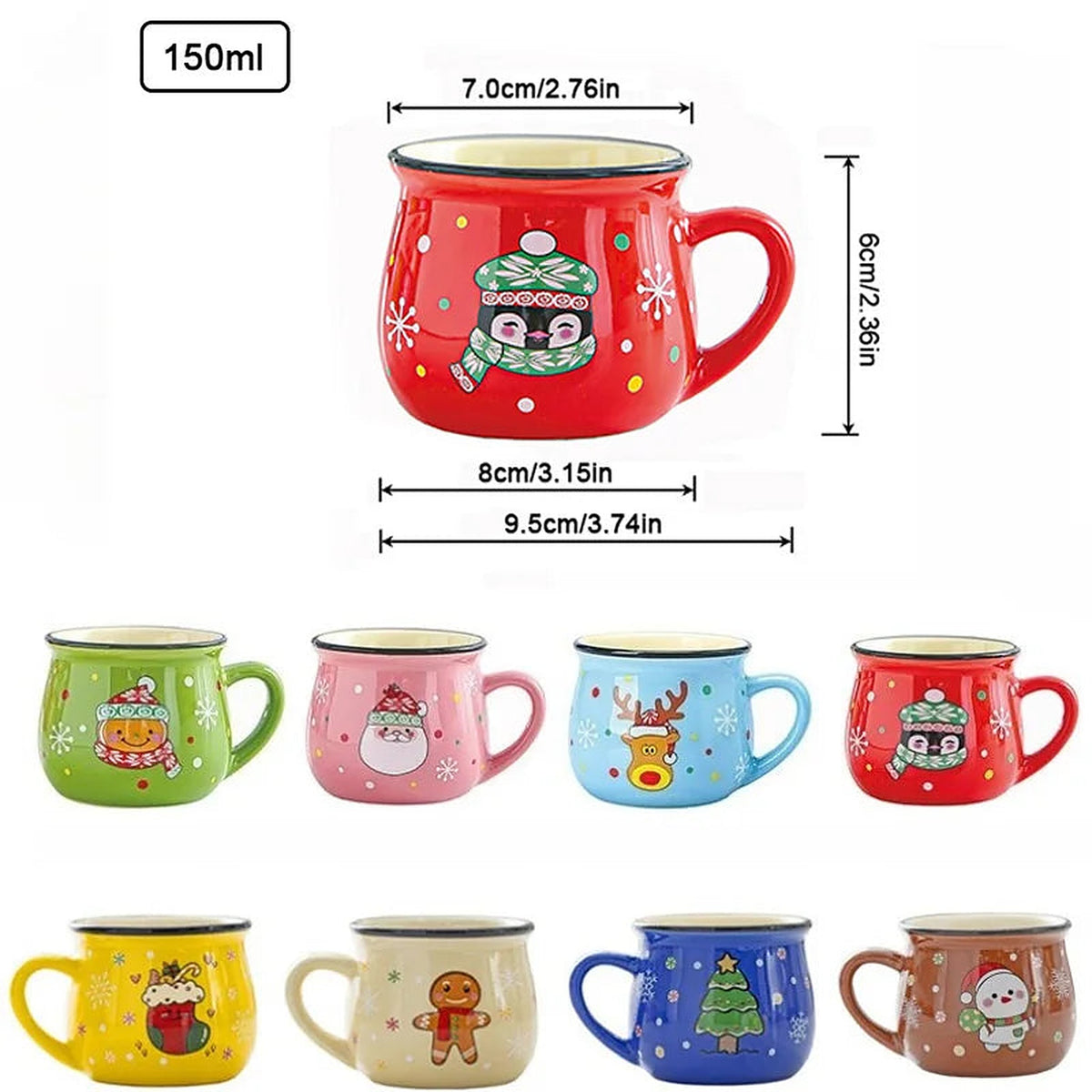 Mug size: 150 ml, about 9.5 × 8 × 6 cm, with all eight designs