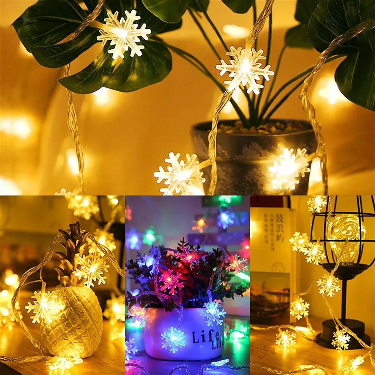 Snowflake string lights styled around plants and lanterns
