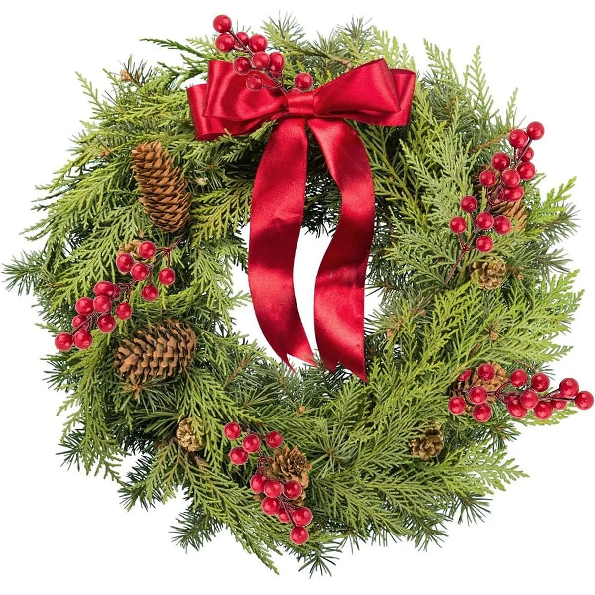 Wreath decorated with pine, red berry picks, pine cones and a red bow