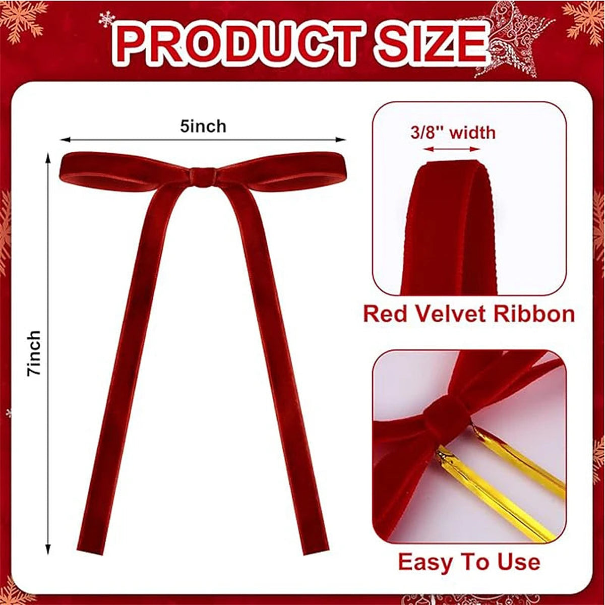 Size guide: velvet bow about 5 × 7 in with 3/8 in ribbon and twist tie