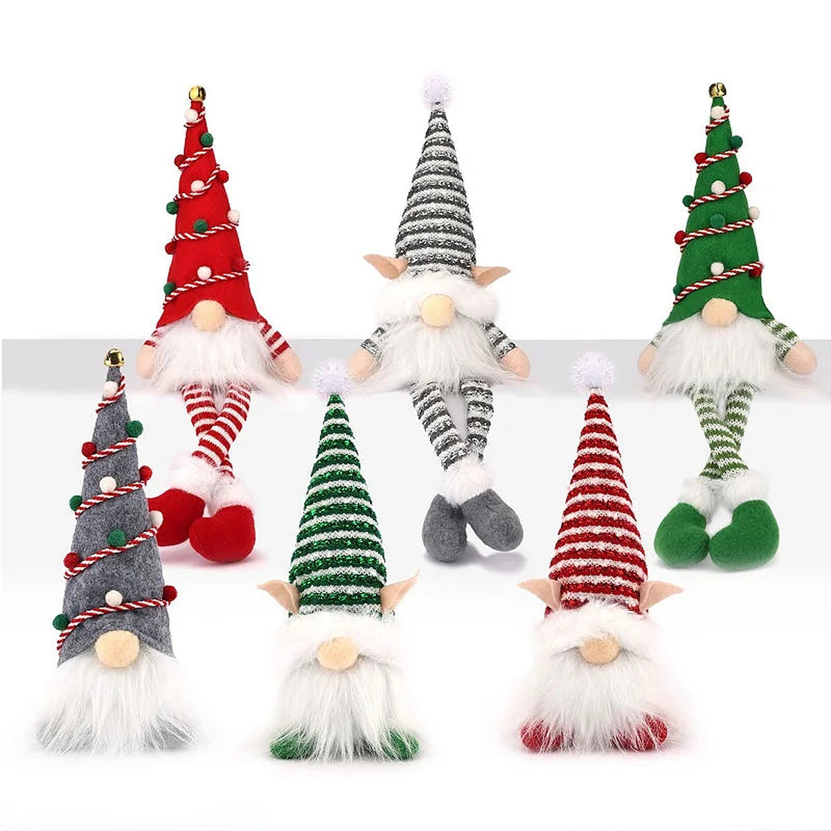 Six gnomes with striped and spiral hats