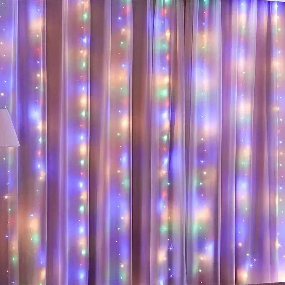 Multicolor LED curtain lights close-up