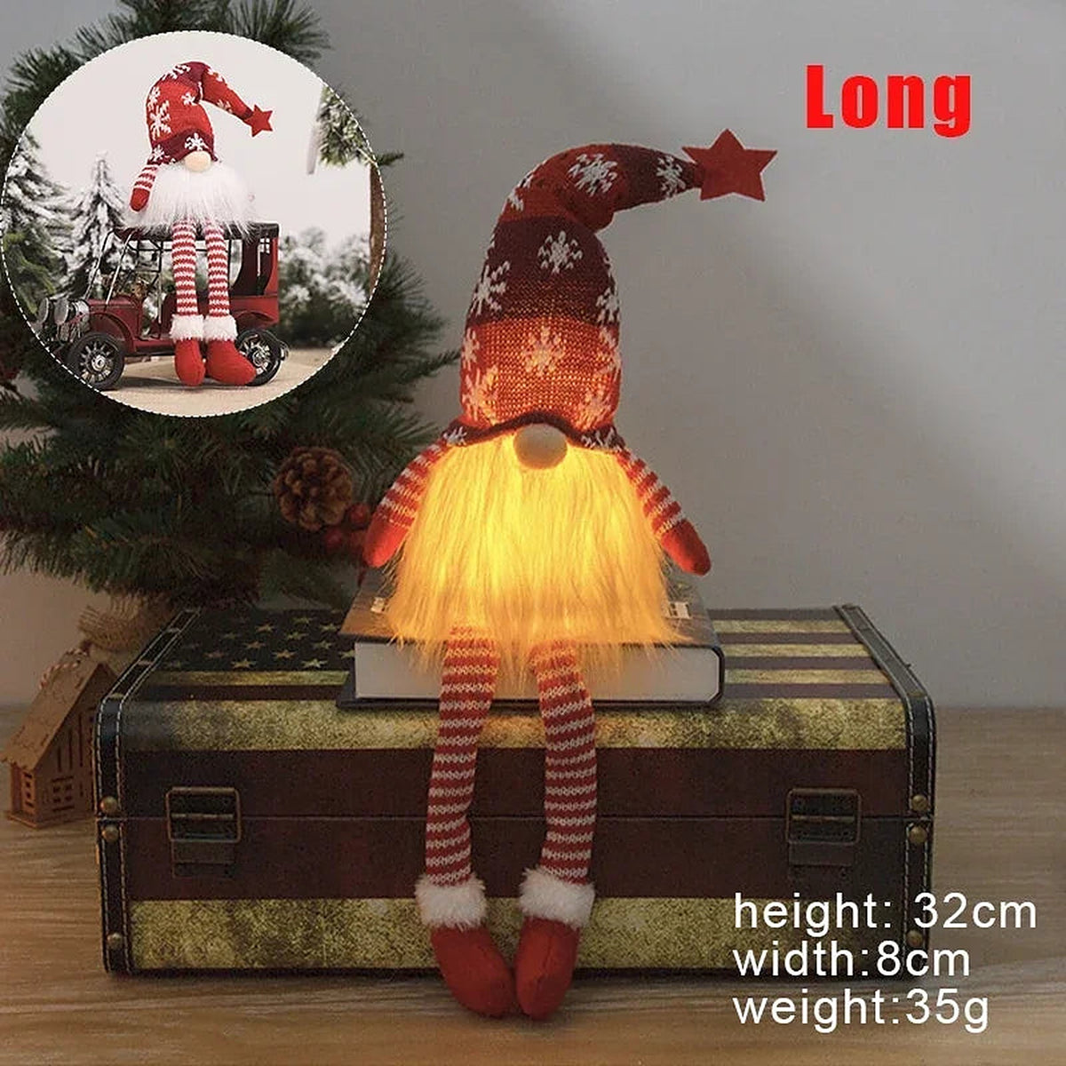 Red long-leg light-up knitted gnome, 32 cm tall