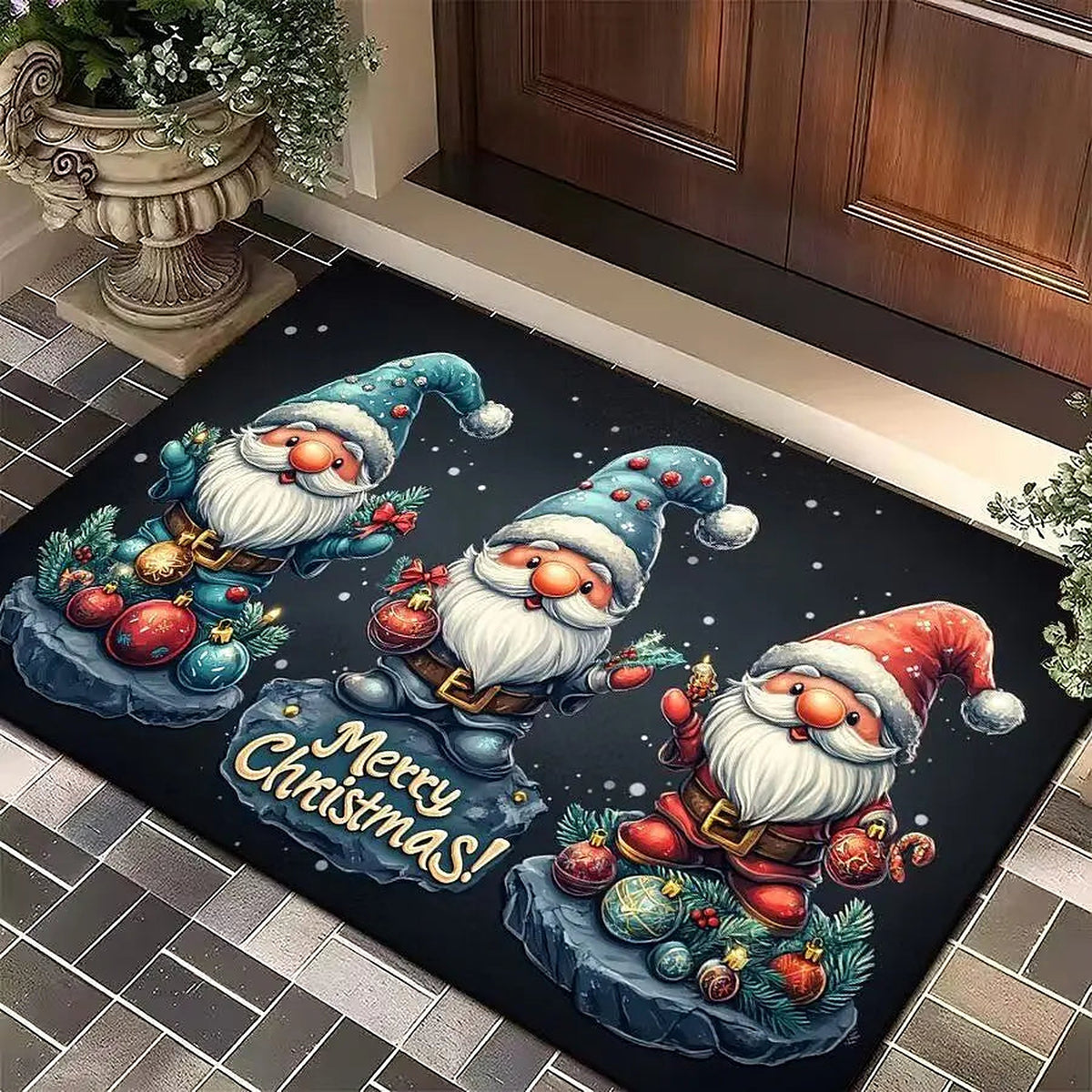 Navy Merry Christmas door mat with Santa gnomes at a front door