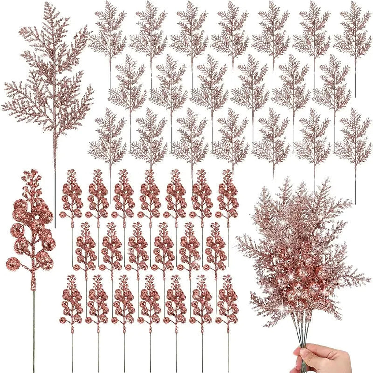 Rose gold glitter berry and pine picks