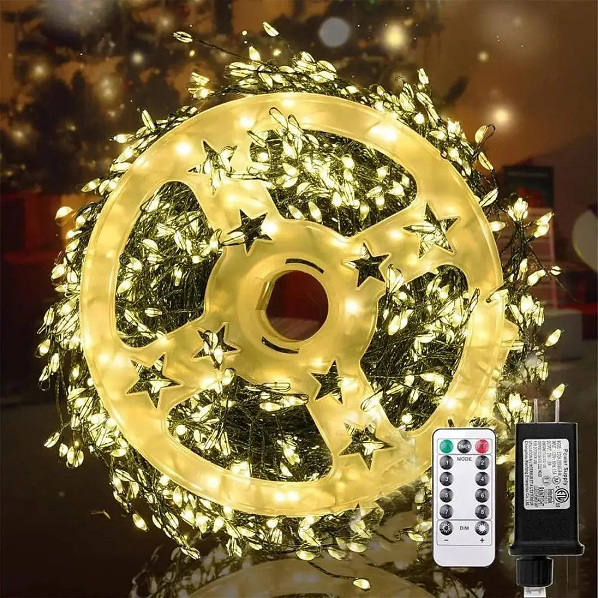 Warm white cluster lights reel with remote and plug adapter