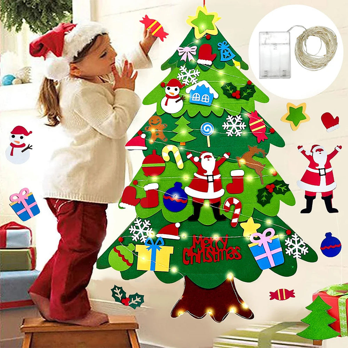 Child with felt tree design B with fairy lights