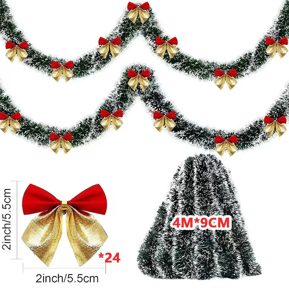 Frosted tinsel garland, 4 m, with red and gold bows