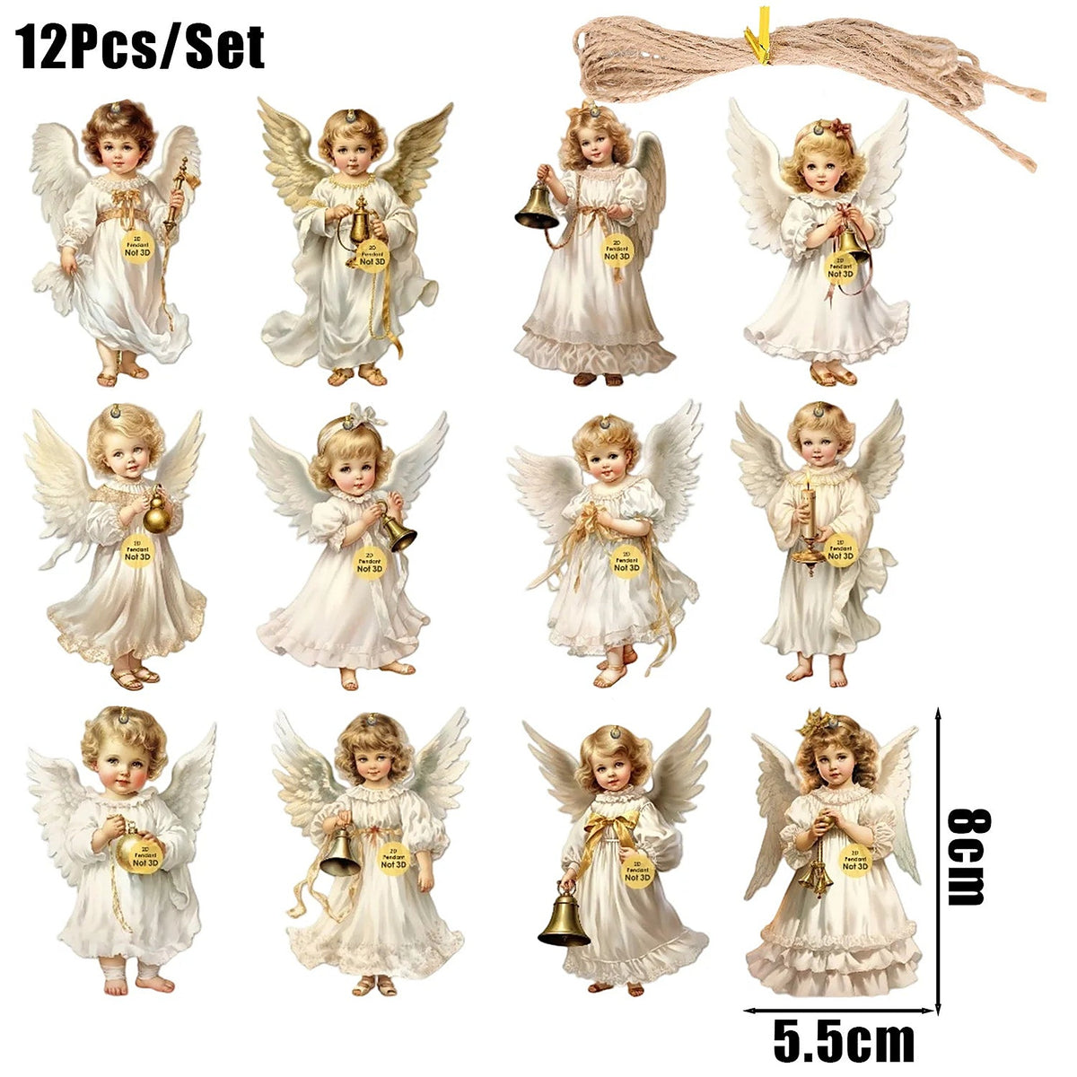 All 12 angel ornament designs, each about 8 × 5.5 cm, with jute twine