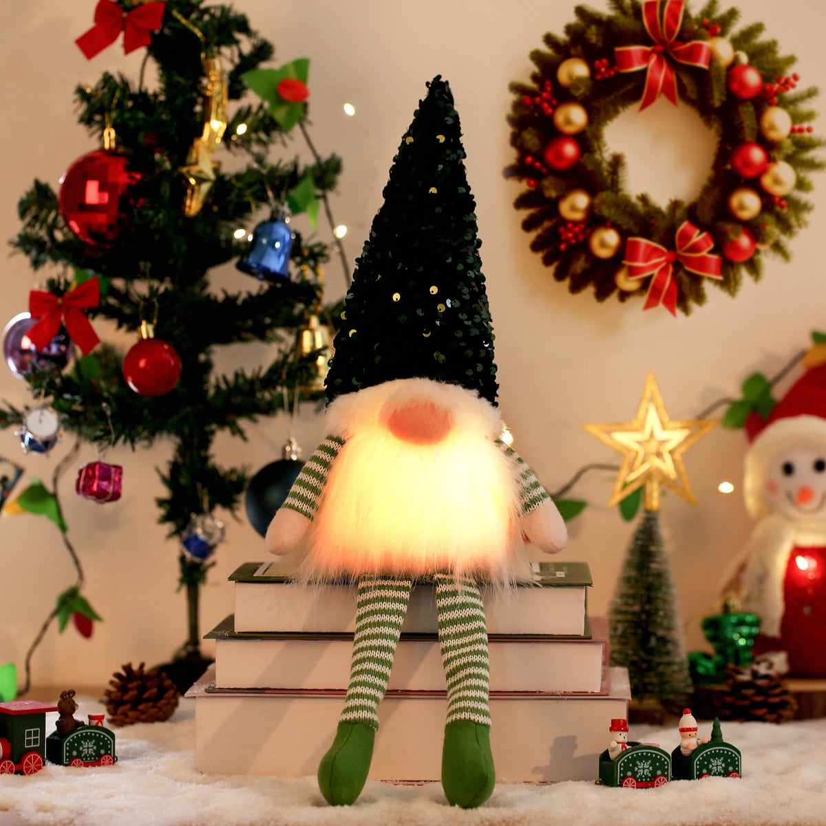 Light-up gnome with black sequin hat and striped legs