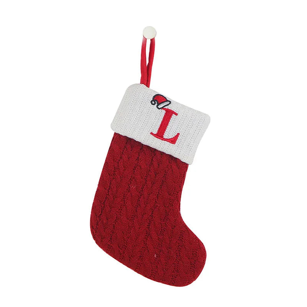 Red knit mini Christmas stocking with embroidered letter L